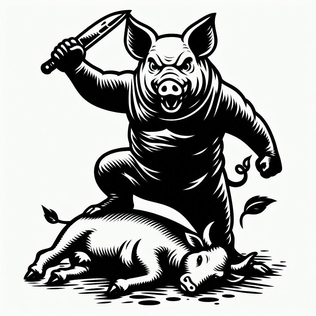 Ein furchteinflößendes Schwein steht siegreich über einem besiegten Tier, ein Messer in der Hand, in einem Stil, der an klassische Schwarz-Weiß-Holzschnitt-Grafiken erinnert.