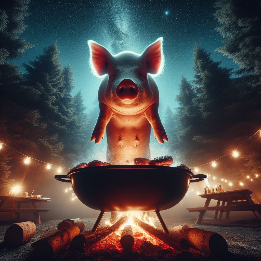 Ein unheimliches Schwein schwebt über einem Lagerfeuergrill in einem düsteren Wald, umgeben von Lichterketten und Picknicktischen.