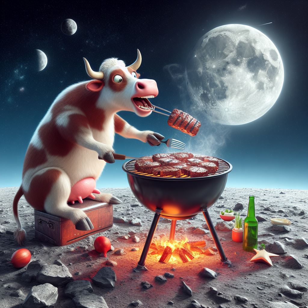 Eine Kuh grillt unter einem Mehrfachmond saftige Steaks auf einer Mondlandschaft, umgeben von Feuer, Flaschen und kosmischen Details.
