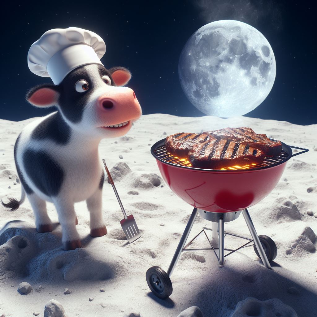 Eine Kuh mit Kochmütze grillt ein Steak auf einem roten Grill auf der Mondlandschaft, beleuchtet vom Vollmond.