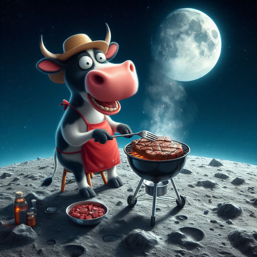 Eine Kuh mit Strohhut und Schürze grillt ein Steak auf der Mondoberfläche, umgeben von Flaschen und einer Schüssel mit Fleisch.