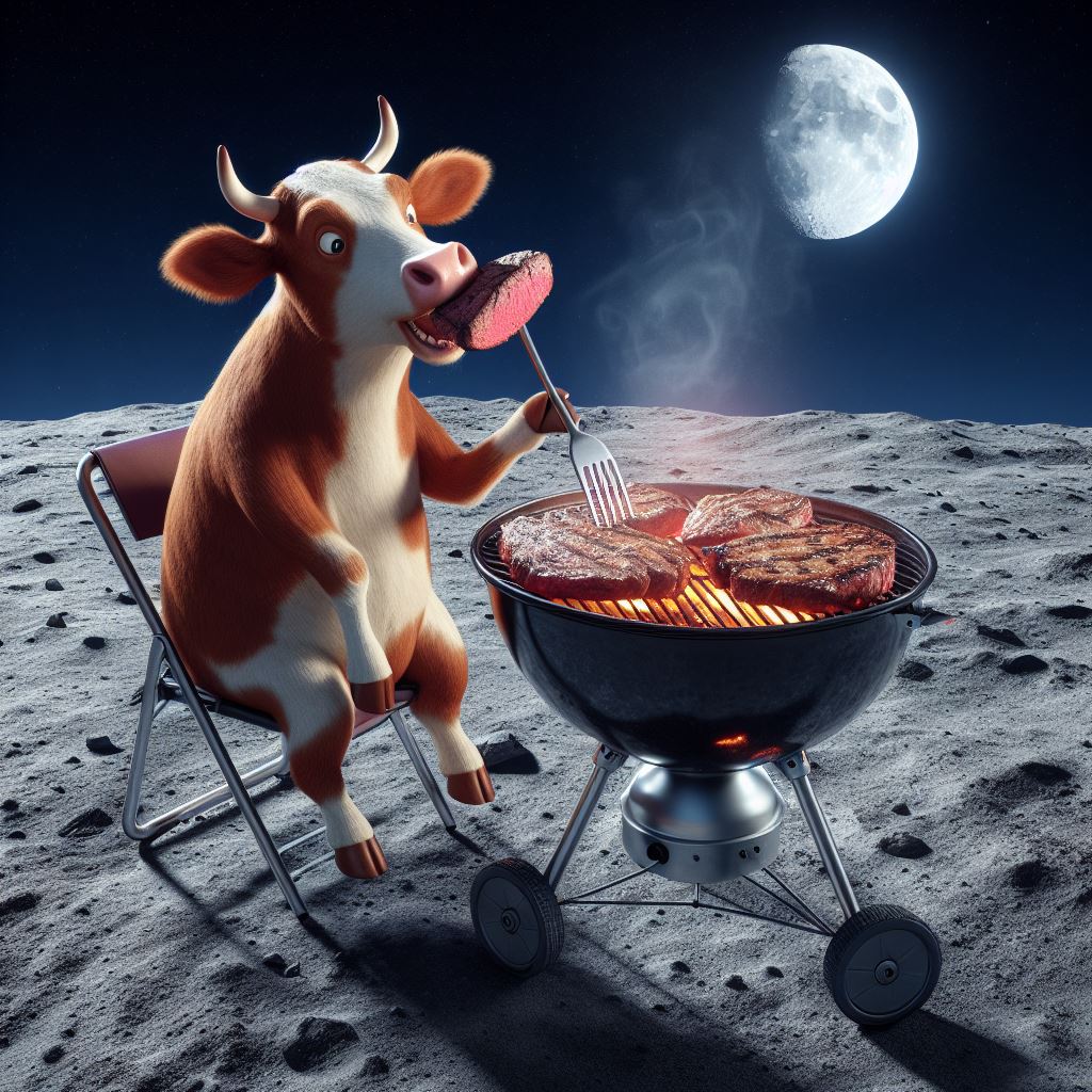 Eine Kuh sitzt auf einem Klappstuhl auf der Mondoberfläche, isst ein Steak und grillt weitere Steaks auf einem kugelförmigen Grill.