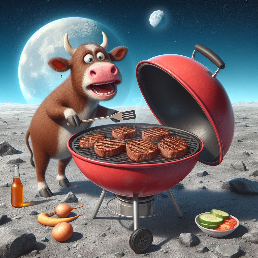 Eine Kuh grillt Steaks auf einem roten Kugelgrill auf der Mondlandschaft, umgeben von Monden, Zwiebeln und einer Flasche.