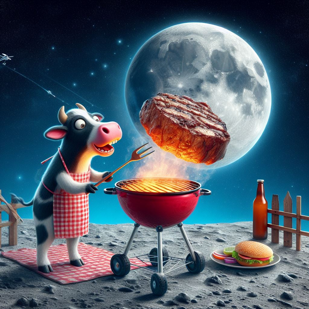 Eine Kuh in Schürze grillt auf dem Mond ein Steak, umgeben von Sternen, Raumschiffen, einem Burger und einer Flasche Bier.