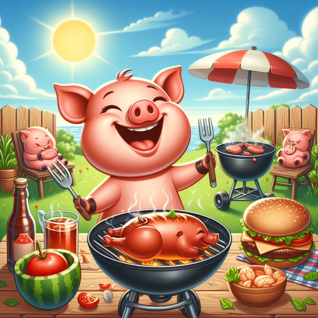 Ein fröhliches Schwein grillt einen kleinen Braten, umgeben von Burger, Garnelen, Getränken und einer Meereskulisse mit weiteren Schweinen im Hintergrund.