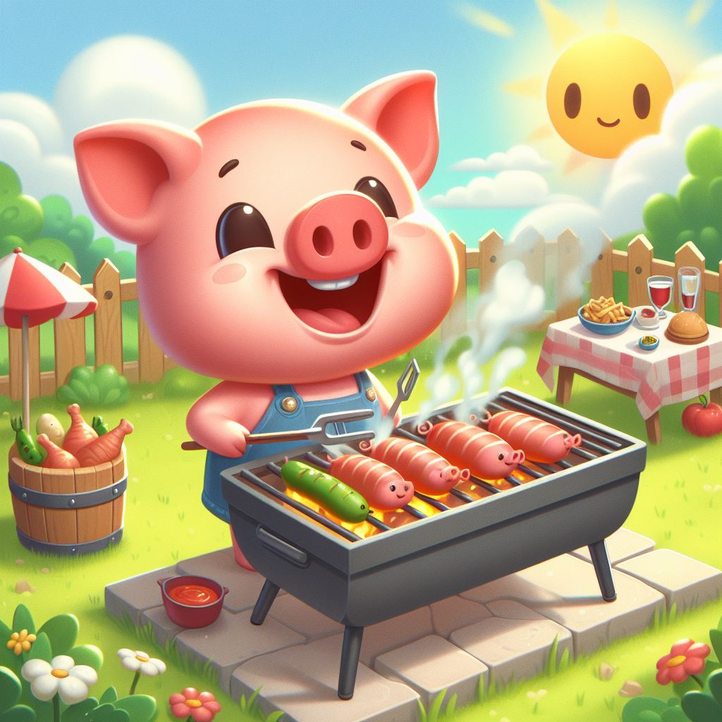 Ein Schwein in Latzhose grillt dekorierte Würstchen und Gemüse in einem sonnigen Garten, umgeben von einem Picknicktisch und sommerlicher Atmosphäre.