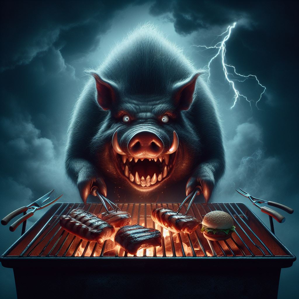 Ein bedrohliches Wildschwein mit glühenden Augen grillt Würstchen, Steaks und einen Burger unter einem stürmischen Himmel mit Blitzen.