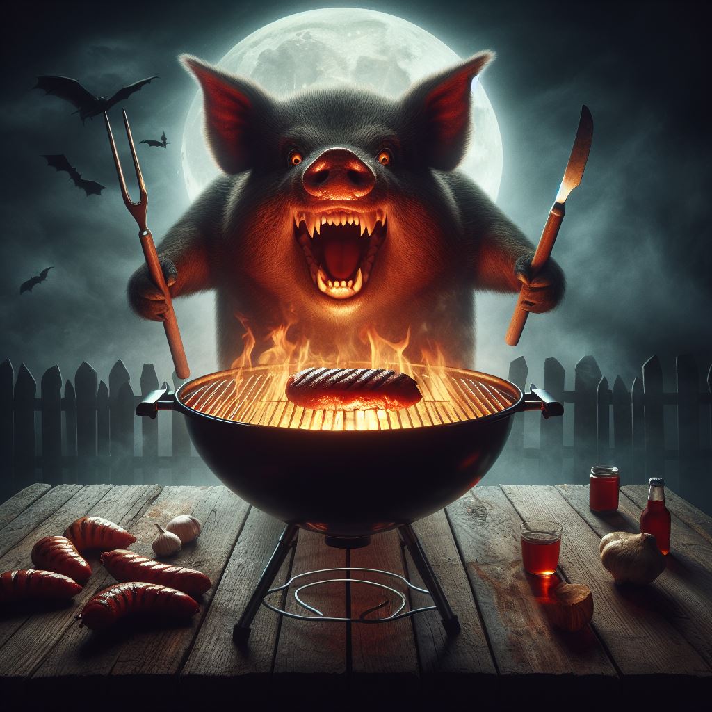 Ein vampirartiges Schwein grillt unter dem Vollmond, umgeben von Flammen, Fledermäusen, Knoblauch und roter Sauce.