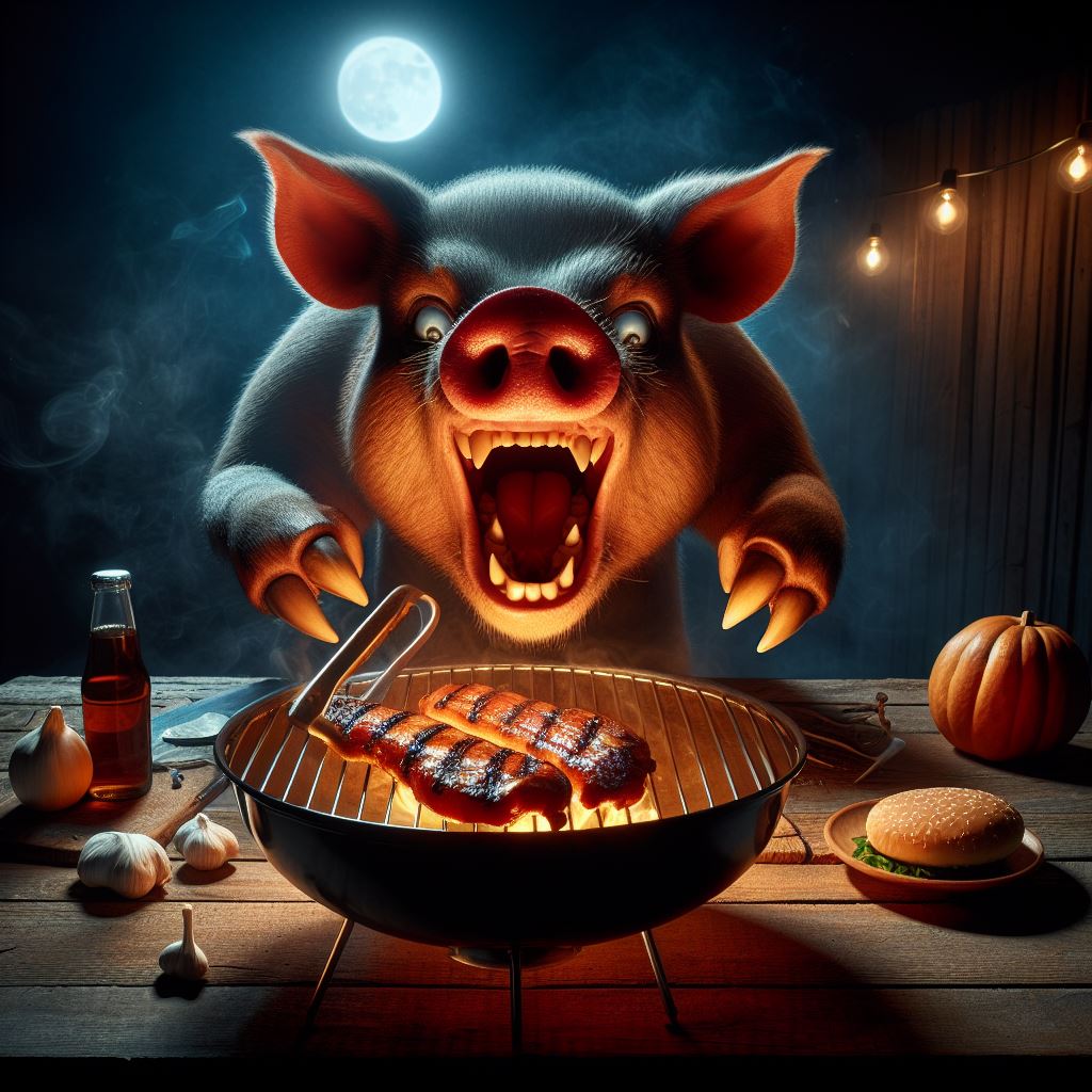 Ein dämonisches Schwein grillt Würstchen unter einem Vollmond, umgeben von Knoblauch, Kürbis und gespenstischen Lichtern.