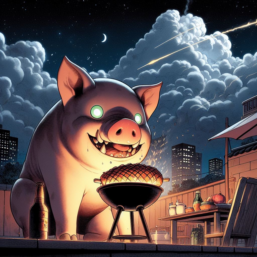 Ein Schwein mit leuchtenden Augen grillt auf einer nächtlichen Dachterrasse, umgeben von Stadtlichtern und einem bedrohlichen Himmel.